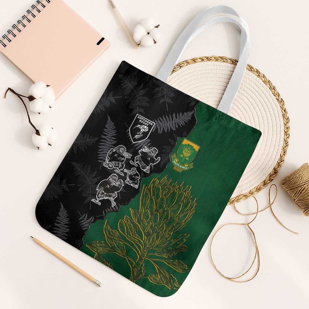 Aotearoa South Africa Rugby Freedom Cup Tote Bag Kiwi Warriors Haka with King Protea Symbol LT03 White Strap One Size Green - Polynesian Pride