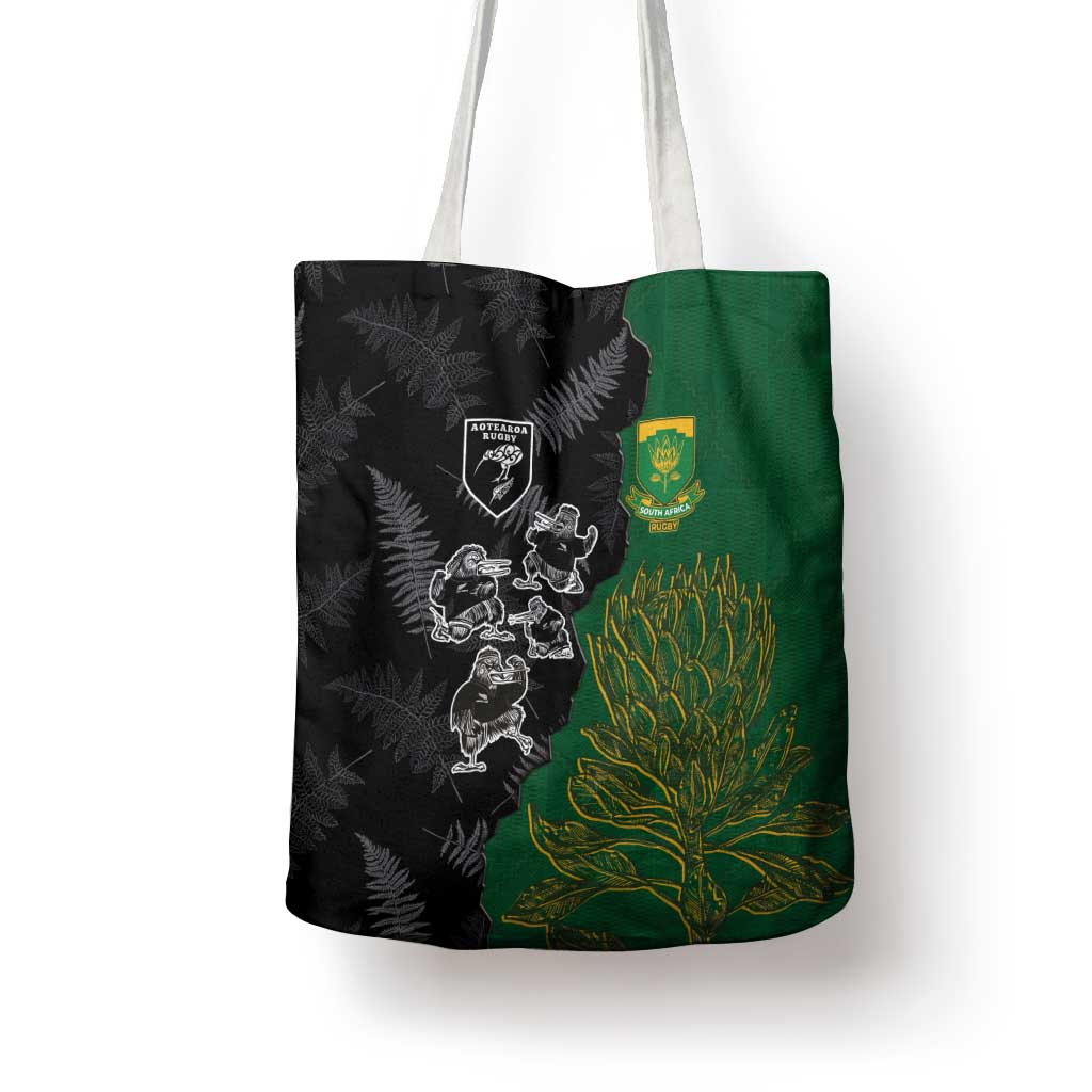 Aotearoa South Africa Rugby Freedom Cup Tote Bag Kiwi Warriors Haka with King Protea Symbol LT03 - Polynesian Pride