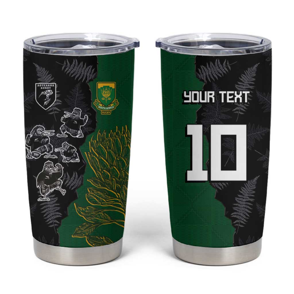 Custom Aotearoa South Africa Rugby Freedom Cup Tumbler Cup Kiwi Warriors Haka with King Protea Symbol LT03 Green - Polynesian Pride
