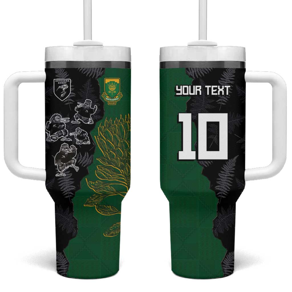 Custom Aotearoa South Africa Rugby Freedom Cup Tumbler With Handle Kiwi Warriors Haka with King Protea Symbol LT03 One Size: 40 oz Green - Polynesian Pride