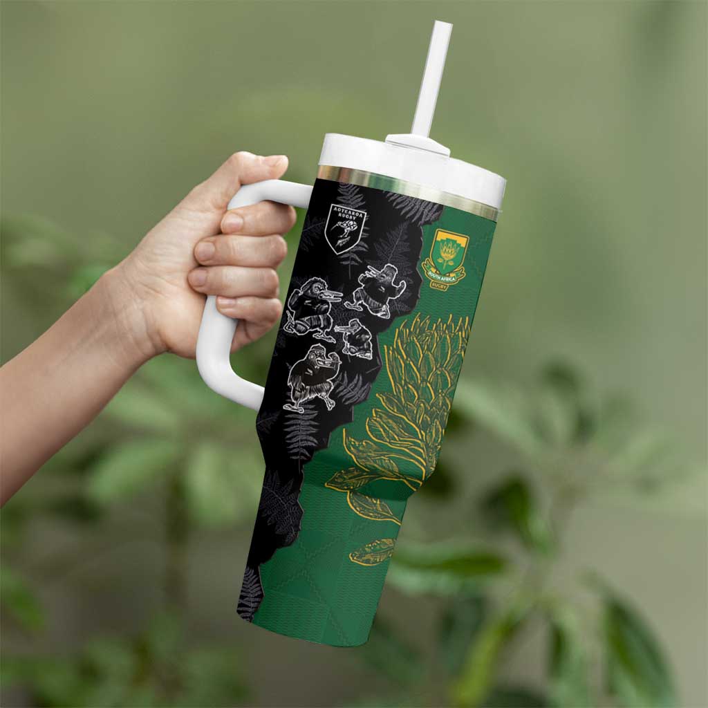 Custom Aotearoa South Africa Rugby Freedom Cup Tumbler With Handle Kiwi Warriors Haka with King Protea Symbol LT03 - Polynesian Pride