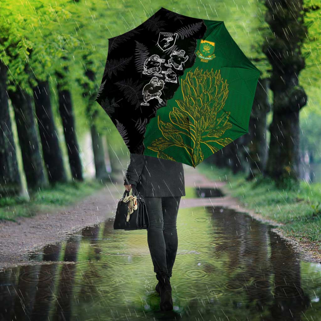 Aotearoa South Africa Rugby Freedom Cup Umbrella Kiwi Warriors Haka with King Protea Symbol - Polynesian Pride