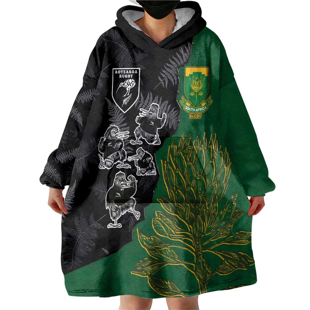 Custom Aotearoa South Africa Rugby Freedom Cup Wearable Blanket Hoodie Kiwi Warriors Haka with King Protea Symbol LT03 - Polynesian Pride