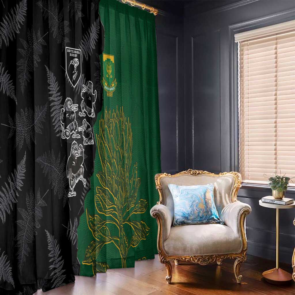 Aotearoa South Africa Rugby Freedom Cup Window Curtain Kiwi Warriors Haka with King Protea Symbol - Polynesian Pride