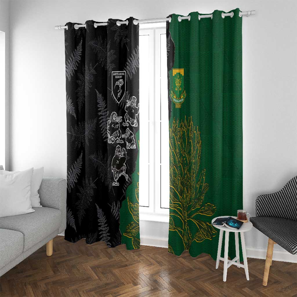 Aotearoa South Africa Rugby Freedom Cup Window Curtain Kiwi Warriors Haka with King Protea Symbol - Polynesian Pride