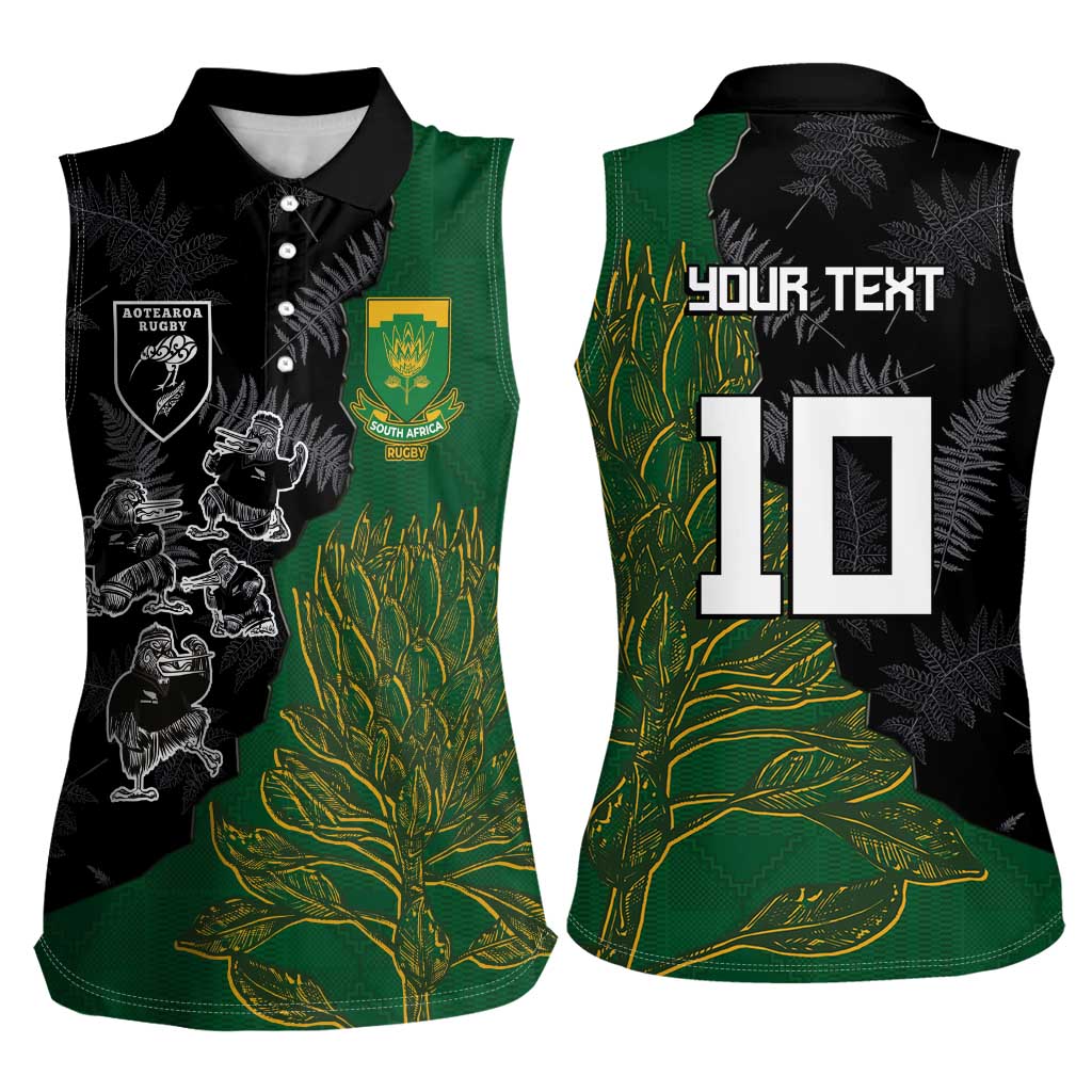 Custom Aotearoa South Africa Rugby Freedom Cup Women Sleeveless Polo Shirt Kiwi Warriors Haka with King Protea Symbol LT03 - Polynesian Pride
