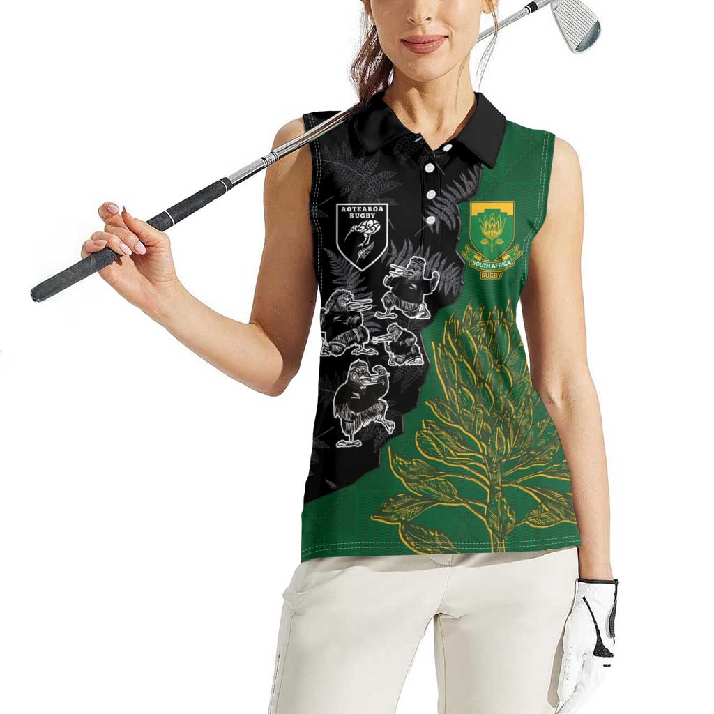 Custom Aotearoa South Africa Rugby Freedom Cup Women Sleeveless Polo Shirt Kiwi Warriors Haka with King Protea Symbol LT03 - Polynesian Pride