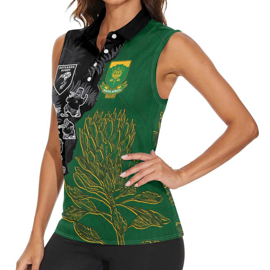 Custom Aotearoa South Africa Rugby Freedom Cup Women Sleeveless Polo Shirt Kiwi Warriors Haka with King Protea Symbol LT03 - Polynesian Pride