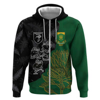 Custom Aotearoa South Africa Rugby Freedom Cup Zip Hoodie Kiwi Warriors Haka with King Protea Symbol LT03 Zip Hoodie Green - Polynesian Pride