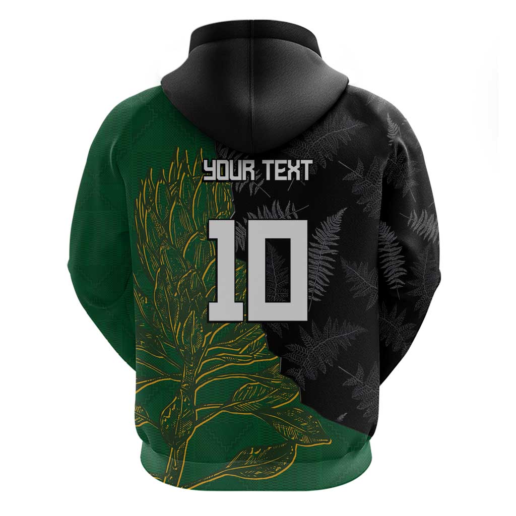 Custom Aotearoa South Africa Rugby Freedom Cup Zip Hoodie Kiwi Warriors Haka with King Protea Symbol LT03 - Polynesian Pride