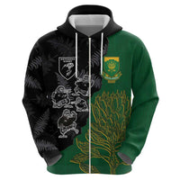 Custom Aotearoa South Africa Rugby Freedom Cup Zip Hoodie Kiwi Warriors Haka with King Protea Symbol LT03 - Polynesian Pride