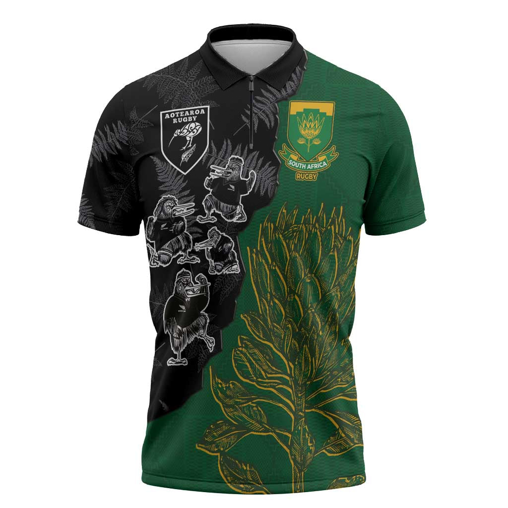 Custom Aotearoa South Africa Rugby Freedom Cup Zipper Polo Shirt Kiwi Warriors Haka with King Protea Symbol LT03 Green - Polynesian Pride