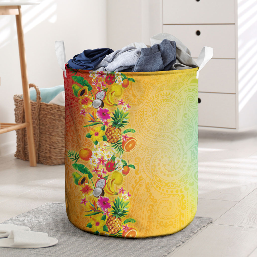 Hawaiian Tropical Fruits and Plants Laundry Basket Kakau Pattern Summer Vibe LT03 Multicolor - Polynesian Pride
