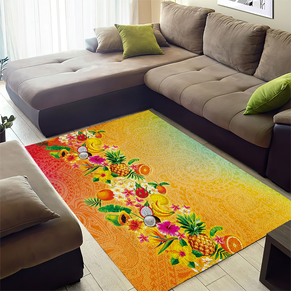 Hawaiian Tropical Fruits and Plants Area Rug Kakau Pattern Summer Vibe LT03 - Polynesian Pride