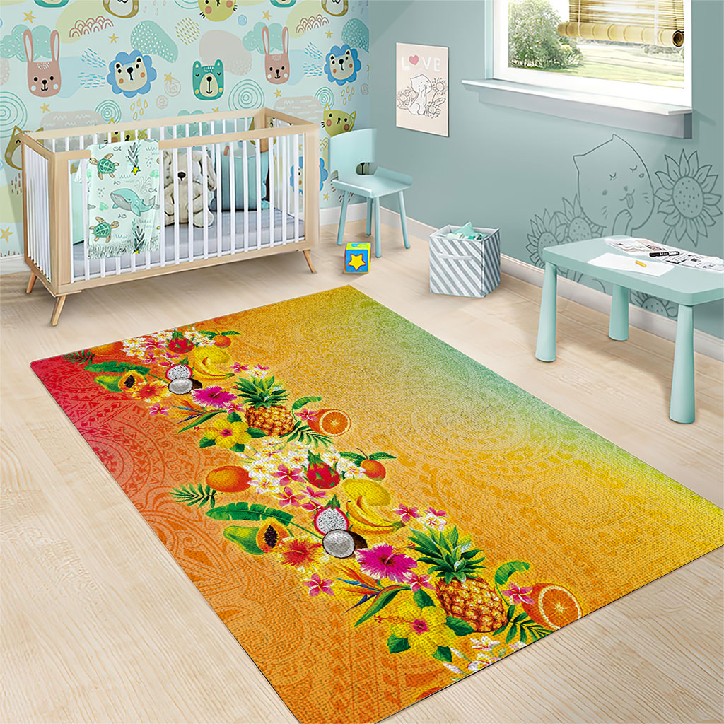 Hawaiian Tropical Fruits and Plants Area Rug Kakau Pattern Summer Vibe LT03 - Polynesian Pride