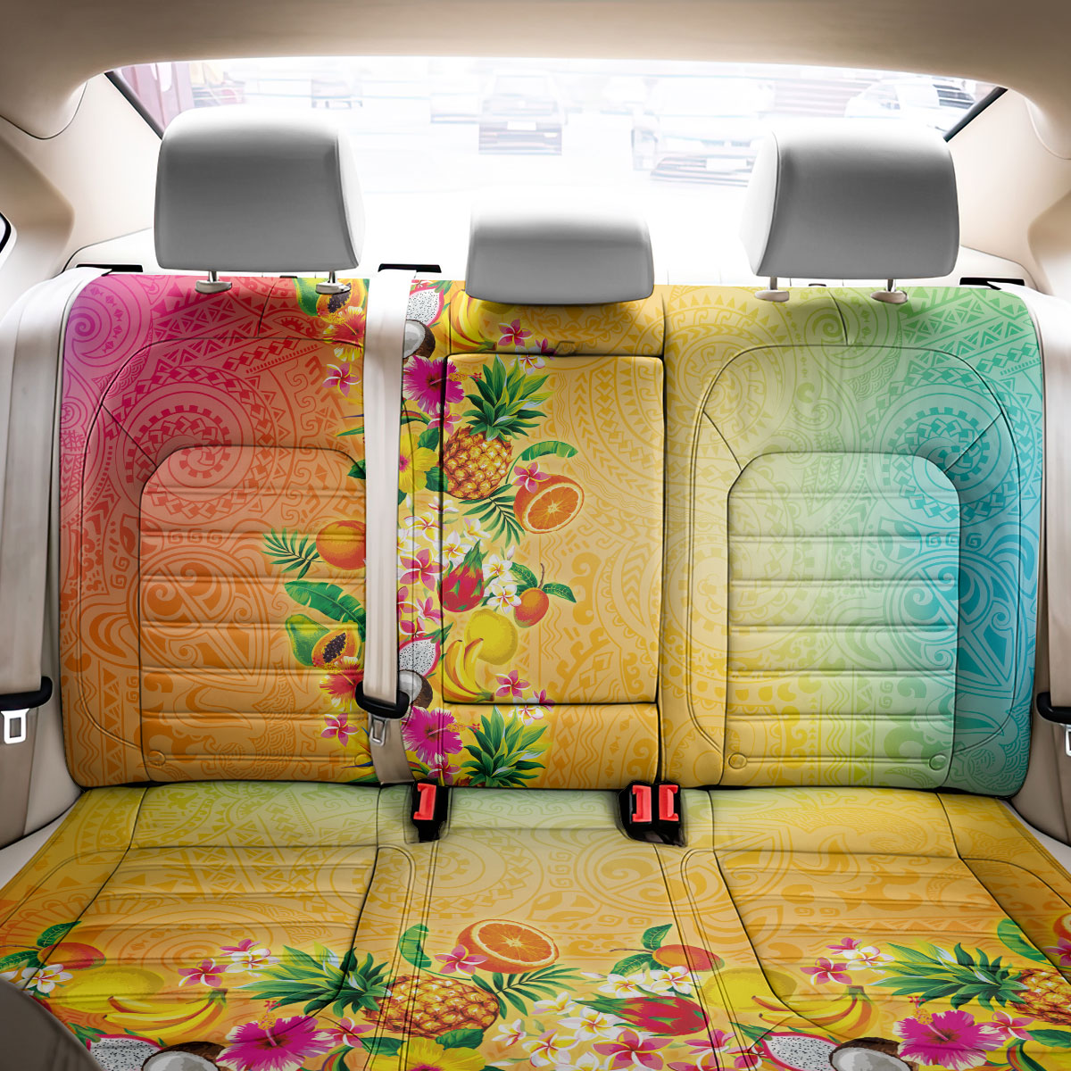 Hawaiian Tropical Fruits and Plants Back Car Seat Cover Kakau Pattern Summer Vibe LT03 - Polynesian Pride