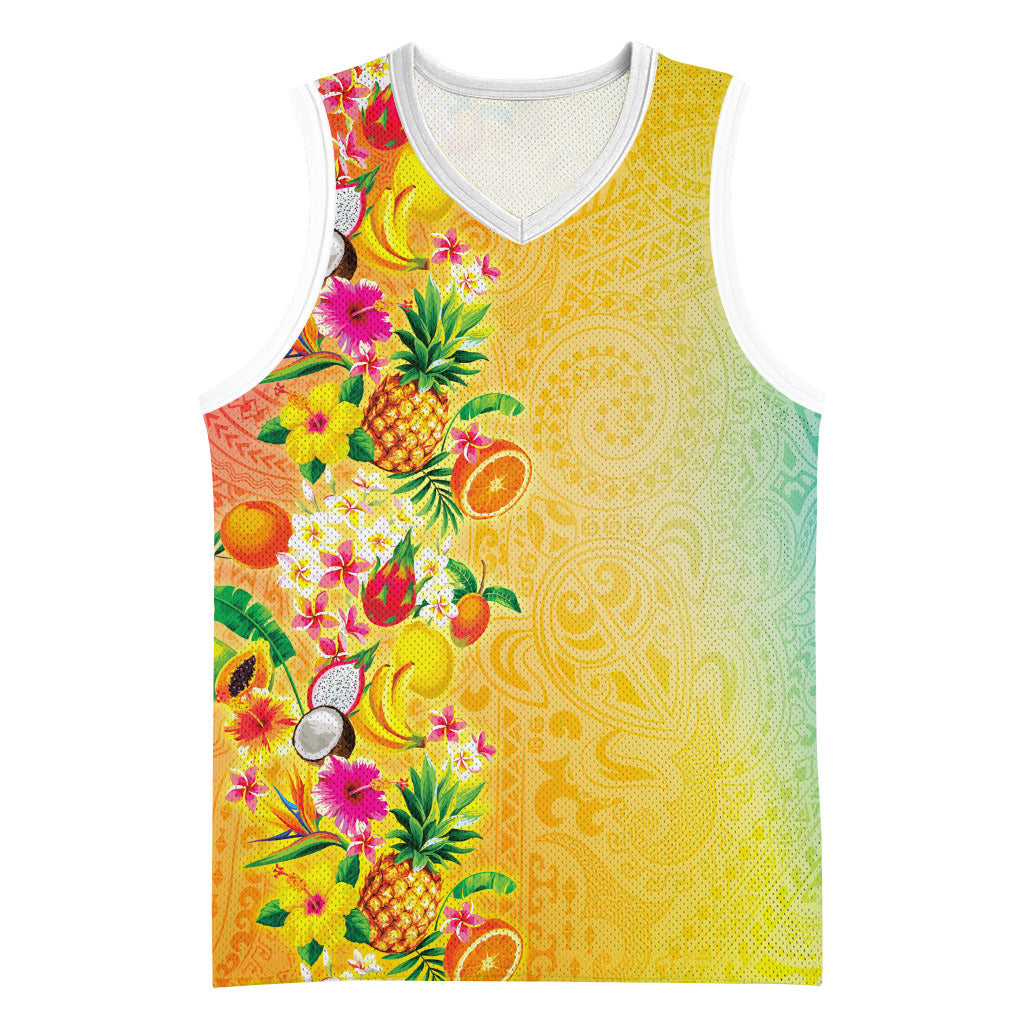 Hawaiian Tropical Fruits and Plants Basketball Jersey Kakau Pattern Summer Vibe LT03 Unisex Multicolor - Polynesian Pride