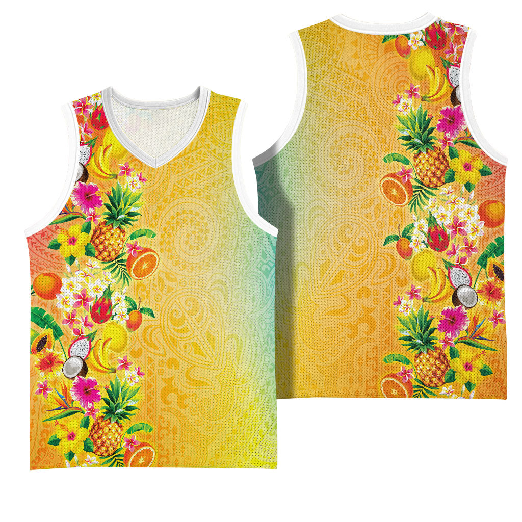 Hawaiian Tropical Fruits and Plants Basketball Jersey Kakau Pattern Summer Vibe LT03 - Polynesian Pride