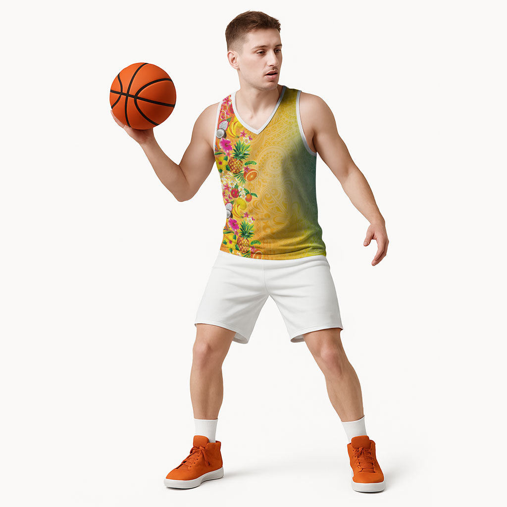 Hawaiian Tropical Fruits and Plants Basketball Jersey Kakau Pattern Summer Vibe LT03 - Polynesian Pride