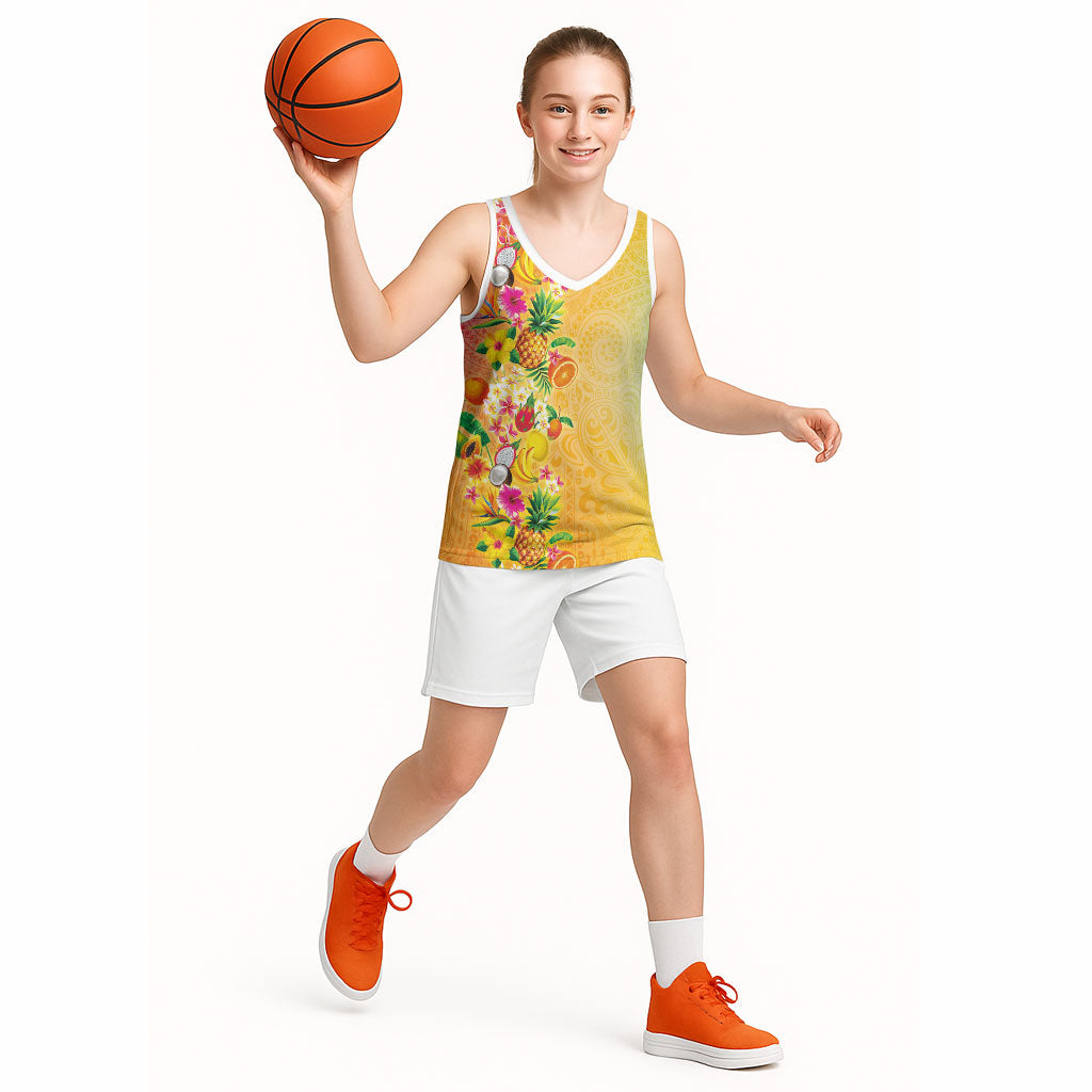 Hawaiian Tropical Fruits and Plants Basketball Jersey Kakau Pattern Summer Vibe LT03 - Polynesian Pride
