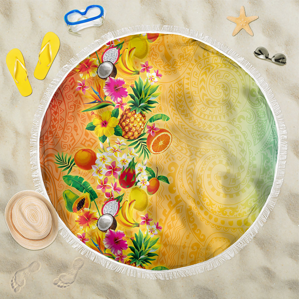 Hawaiian Tropical Fruits and Plants Beach Blanket Kakau Pattern Summer Vibe LT03 One Size 150cm Multicolor - Polynesian Pride