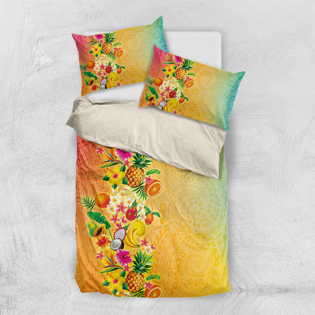 Hawaiian Tropical Fruits and Plants Bedding Set Kakau Pattern Summer Vibe LT03 US Twin 172cm x 218cm Multicolor - Polynesian Pride