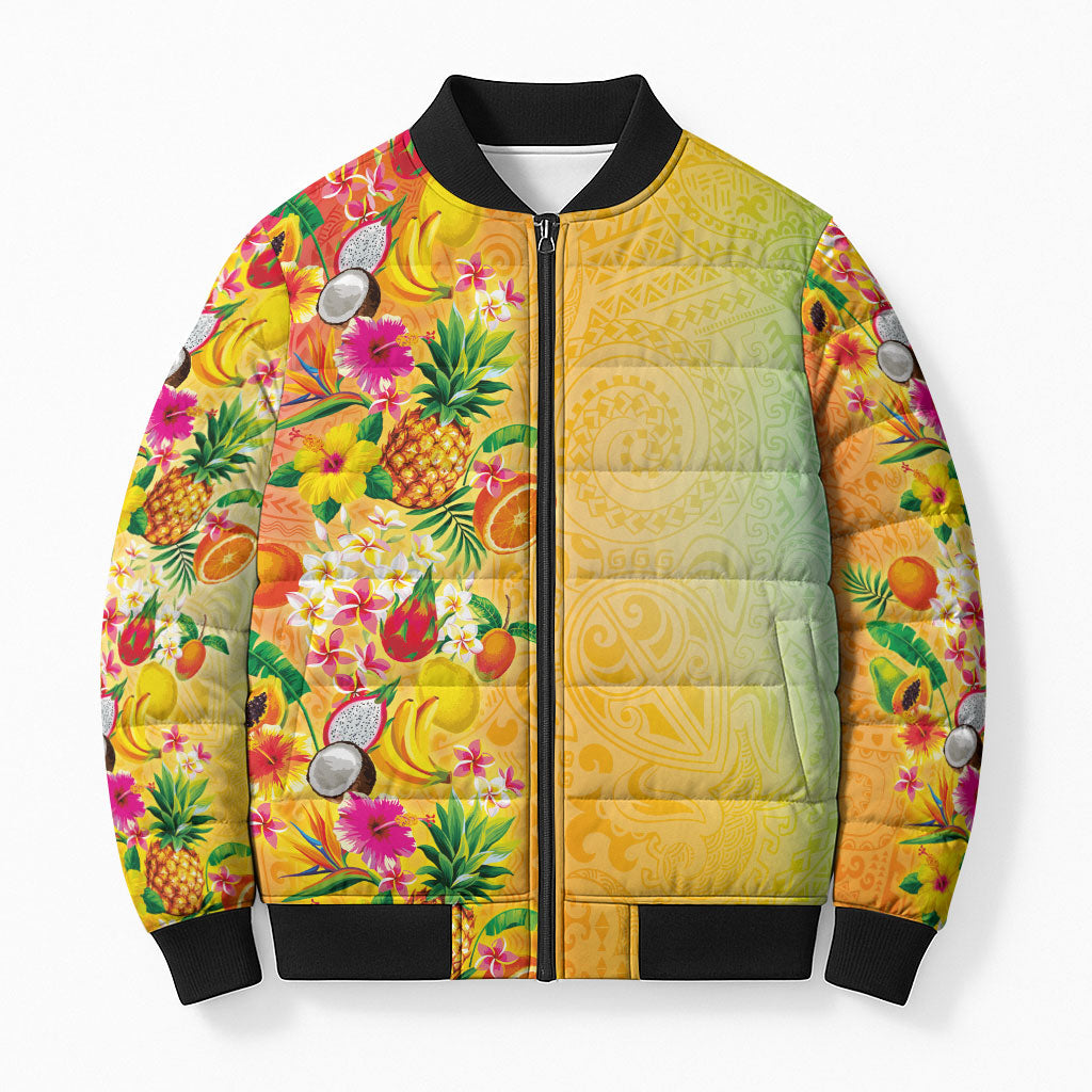 Hawaiian Tropical Fruits and Plants Bomber Puffer Jacket Kakau Pattern Summer Vibe LT03 Unisex Multicolor - Polynesian Pride
