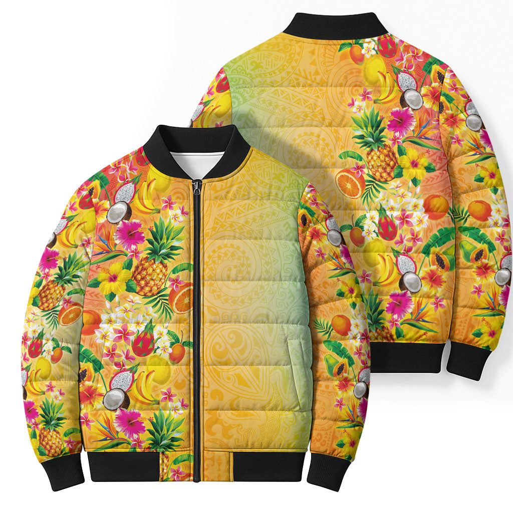 Hawaiian Tropical Fruits and Plants Bomber Puffer Jacket Kakau Pattern Summer Vibe LT03 - Polynesian Pride