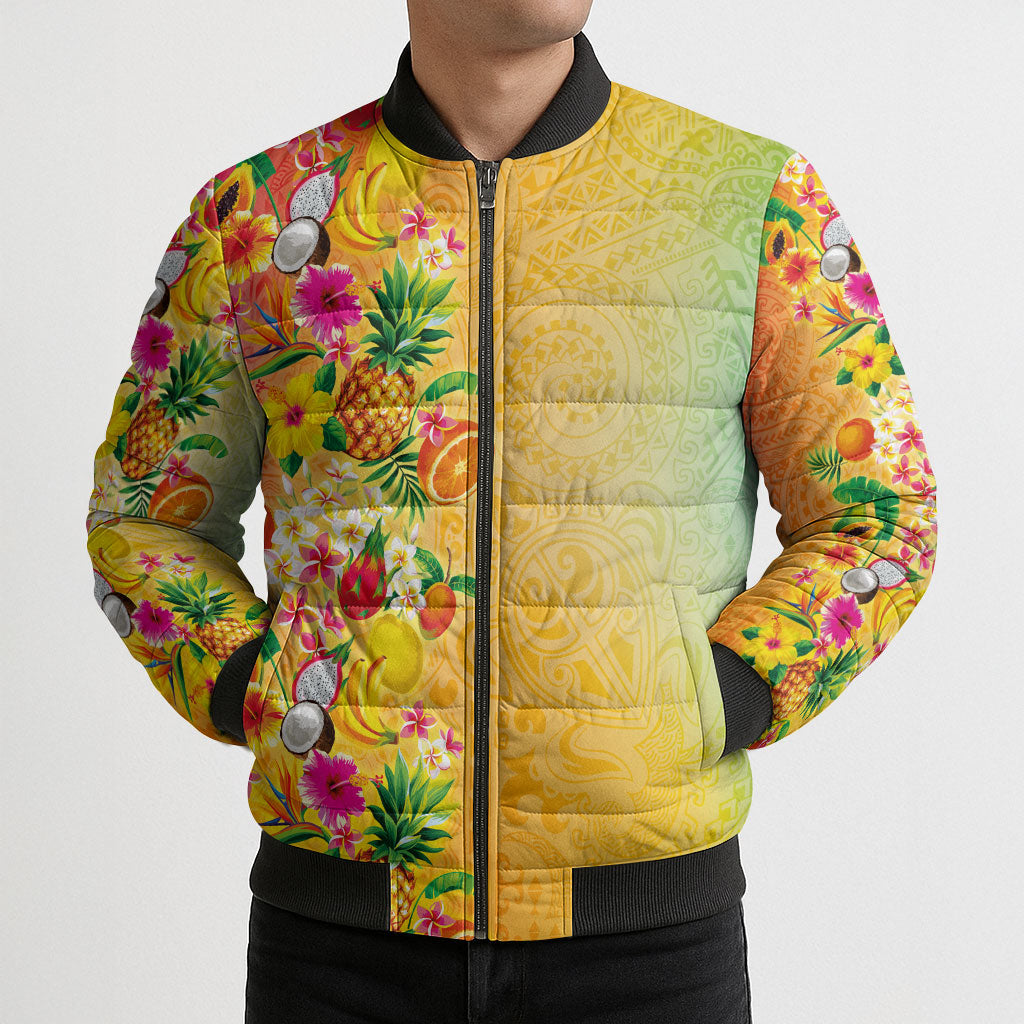 Hawaiian Tropical Fruits and Plants Bomber Puffer Jacket Kakau Pattern Summer Vibe LT03 - Polynesian Pride