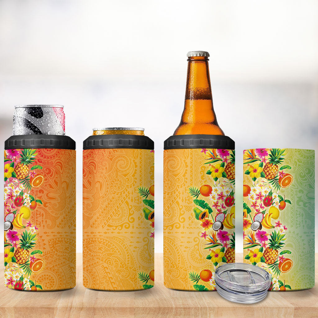 Hawaiian Tropical Fruits and Plants 4 in 1 Can Cooler Tumbler Kakau Pattern Summer Vibe LT03 - Polynesian Pride