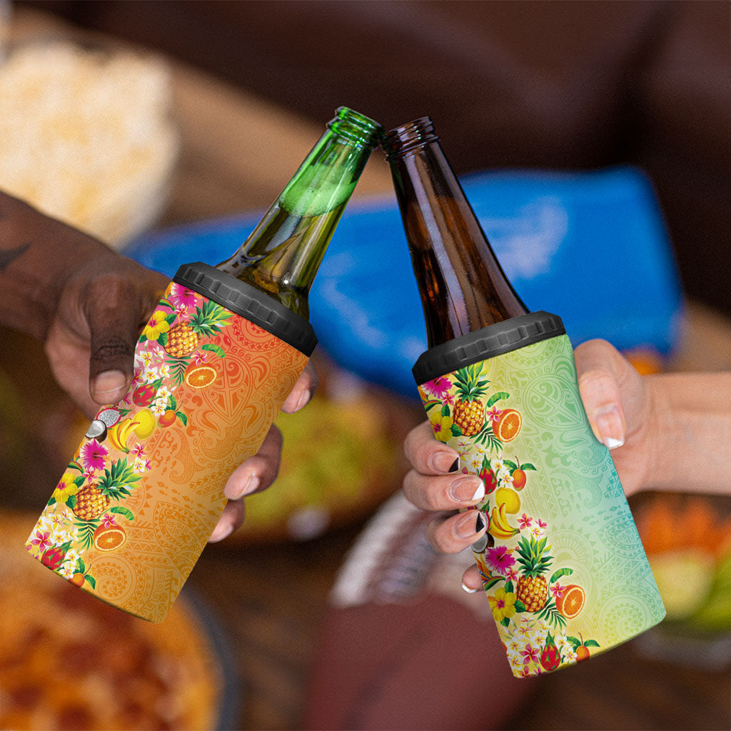 Hawaiian Tropical Fruits and Plants 4 in 1 Can Cooler Tumbler Kakau Pattern Summer Vibe LT03 - Polynesian Pride