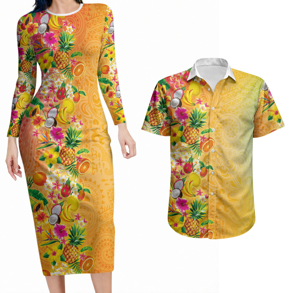 Hawaiian Tropical Fruits and Plants Couples Matching Long Sleeve Bodycon Dress and Hawaiian Shirt Kakau Pattern Summer Vibe LT03 Multicolor - Polynesian Pride