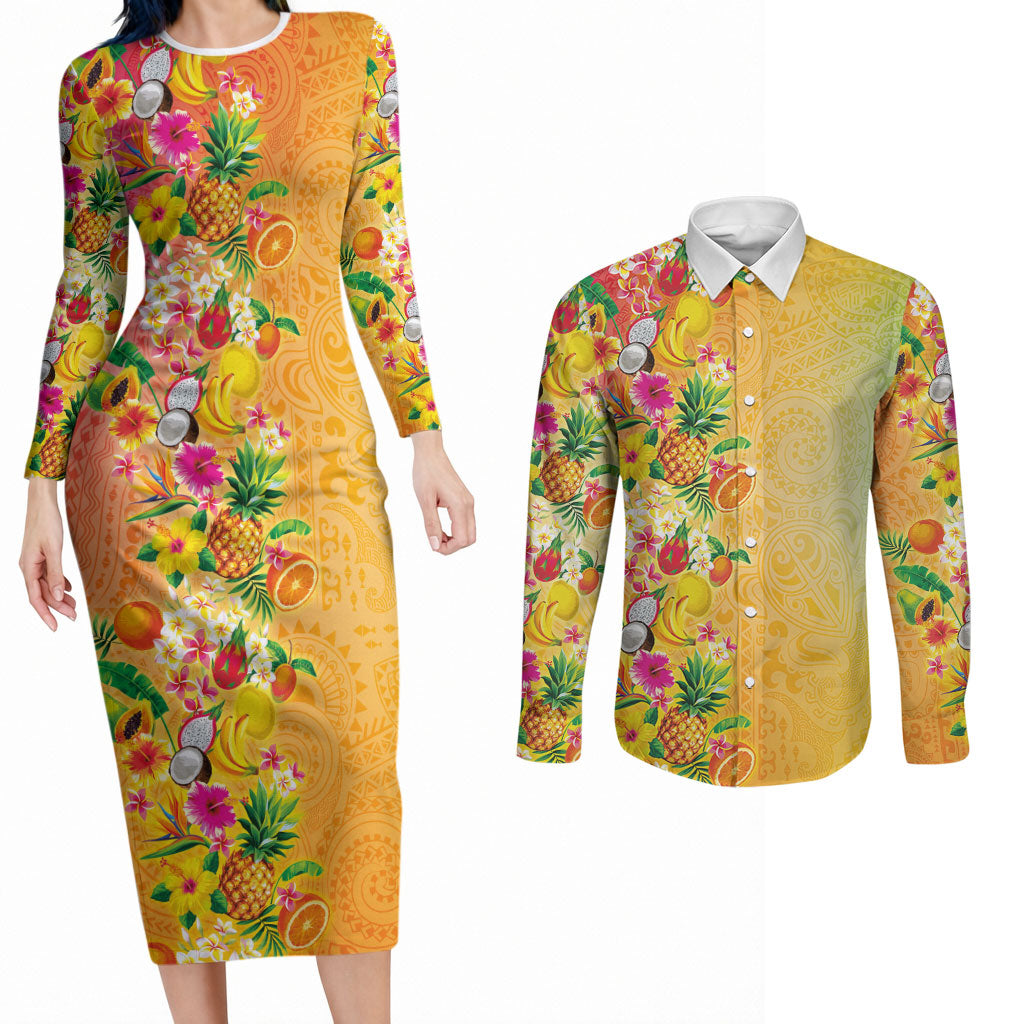 Hawaiian Tropical Fruits and Plants Couples Matching Long Sleeve Bodycon Dress and Long Sleeve Button Shirt Kakau Pattern Summer Vibe LT03 Multicolor - Polynesian Pride