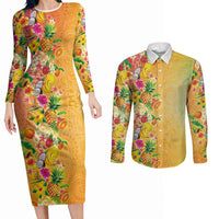 Hawaiian Tropical Fruits and Plants Couples Matching Long Sleeve Bodycon Dress and Long Sleeve Button Shirt Kakau Pattern Summer Vibe LT03 Multicolor - Polynesian Pride