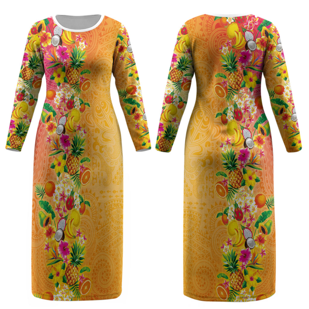 Hawaiian Tropical Fruits and Plants Couples Matching Long Sleeve Bodycon Dress and Long Sleeve Button Shirt Kakau Pattern Summer Vibe LT03 - Polynesian Pride