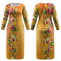 Hawaiian Tropical Fruits and Plants Couples Matching Long Sleeve Bodycon Dress and Long Sleeve Button Shirt Kakau Pattern Summer Vibe LT03 - Polynesian Pride