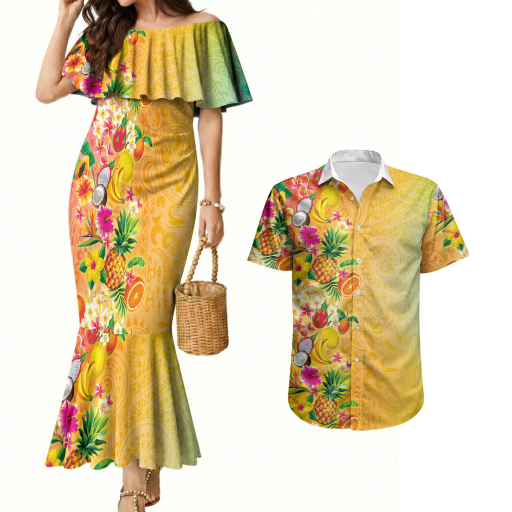 Hawaiian Tropical Fruits and Plants Couples Matching Mermaid Dress and Hawaiian Shirt Kakau Pattern Summer Vibe LT03 Multicolor - Polynesian Pride