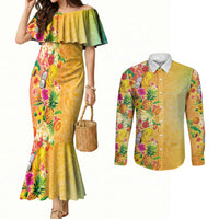 Hawaiian Tropical Fruits and Plants Couples Matching Mermaid Dress and Long Sleeve Button Shirt Kakau Pattern Summer Vibe LT03 Multicolor - Polynesian Pride