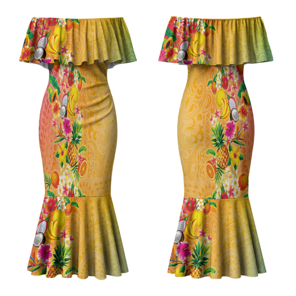 Hawaiian Tropical Fruits and Plants Couples Matching Mermaid Dress and Long Sleeve Button Shirt Kakau Pattern Summer Vibe LT03 - Polynesian Pride