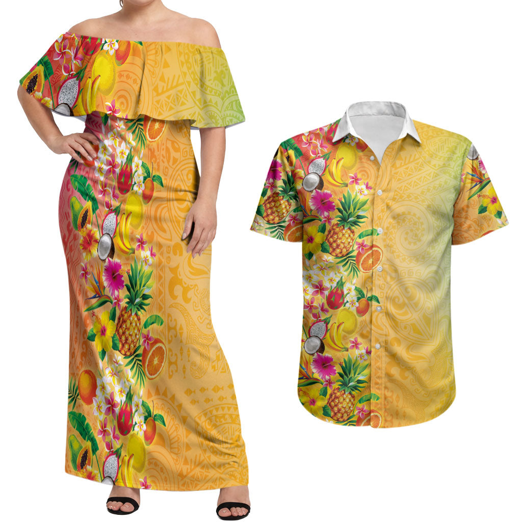 Hawaiian Tropical Fruits and Plants Couples Matching Off Shoulder Maxi Dress and Hawaiian Shirt Kakau Pattern Summer Vibe LT03 Multicolor - Polynesian Pride