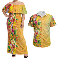 Hawaiian Tropical Fruits and Plants Couples Matching Off Shoulder Maxi Dress and Hawaiian Shirt Kakau Pattern Summer Vibe LT03 Multicolor - Polynesian Pride