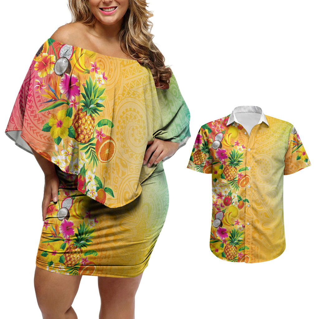 Hawaiian Tropical Fruits and Plants Couples Matching Off Shoulder Short Dress and Hawaiian Shirt Kakau Pattern Summer Vibe LT03 Multicolor - Polynesian Pride