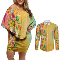 Hawaiian Tropical Fruits and Plants Couples Matching Off Shoulder Short Dress and Long Sleeve Button Shirt Kakau Pattern Summer Vibe LT03 Multicolor - Polynesian Pride