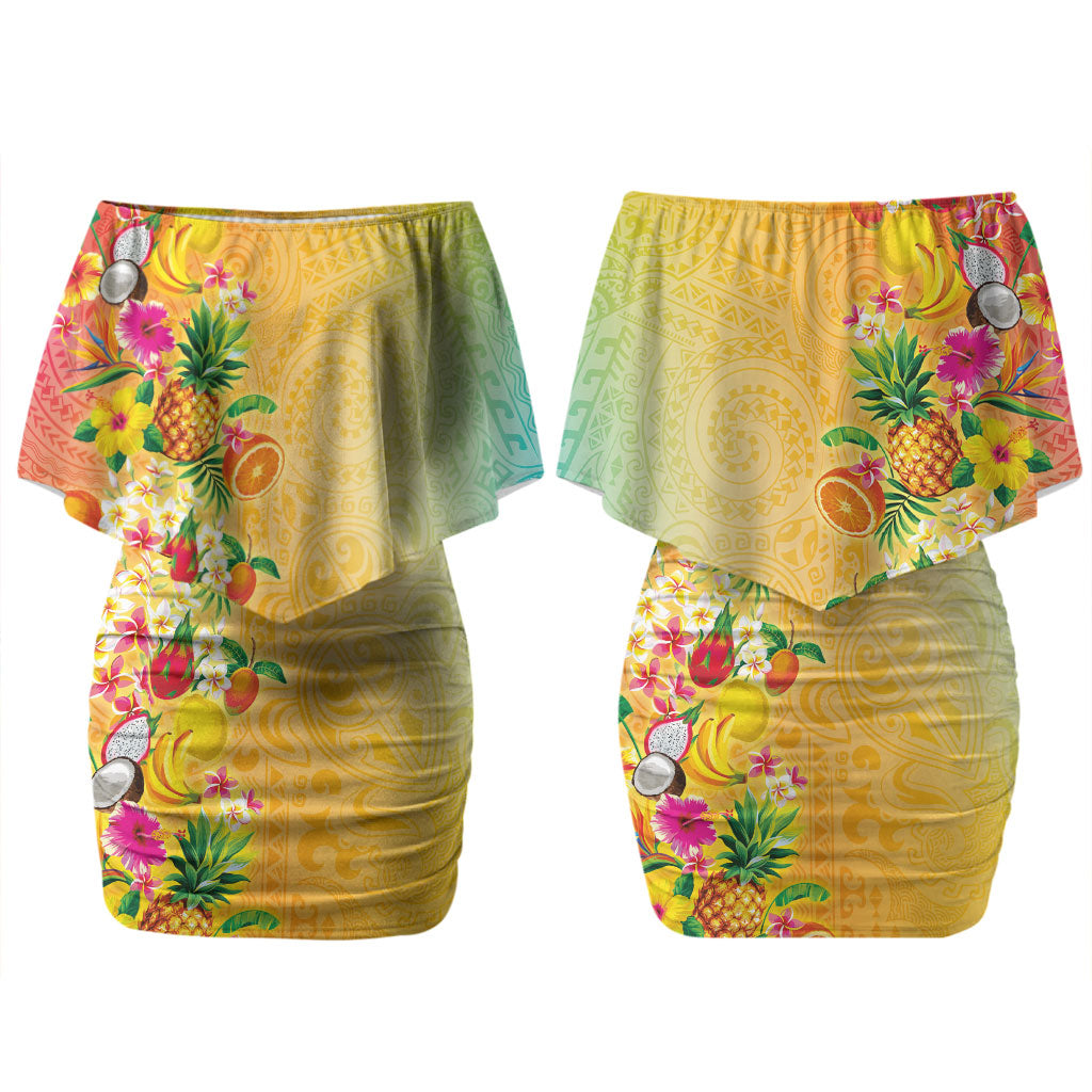 Hawaiian Tropical Fruits and Plants Couples Matching Off Shoulder Short Dress and Long Sleeve Button Shirt Kakau Pattern Summer Vibe LT03 - Polynesian Pride