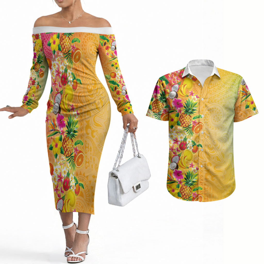 Hawaiian Tropical Fruits and Plants Couples Matching Off The Shoulder Long Sleeve Dress and Hawaiian Shirt Kakau Pattern Summer Vibe LT03 Multicolor - Polynesian Pride