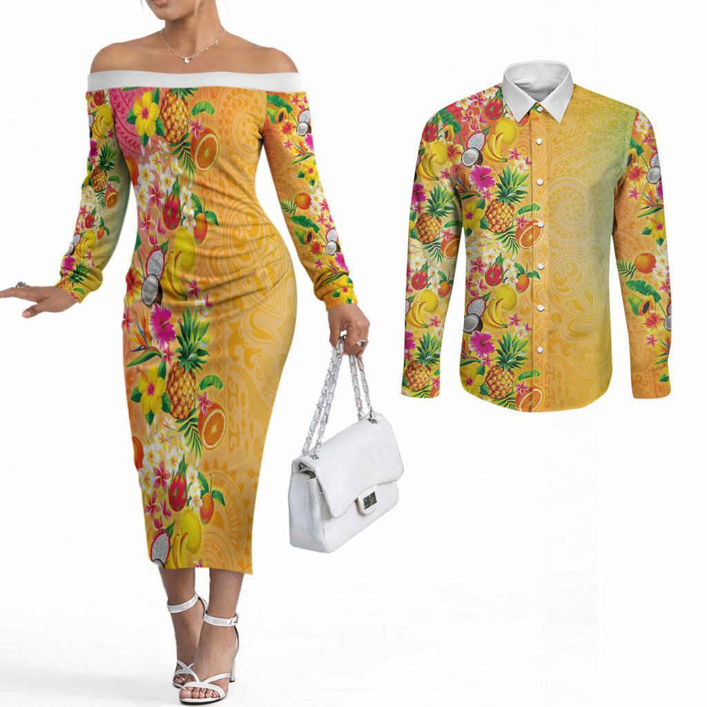 Hawaiian Tropical Fruits and Plants Couples Matching Off The Shoulder Long Sleeve Dress and Long Sleeve Button Shirt Kakau Pattern Summer Vibe LT03 Multicolor - Polynesian Pride