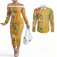 Hawaiian Tropical Fruits and Plants Couples Matching Off The Shoulder Long Sleeve Dress and Long Sleeve Button Shirt Kakau Pattern Summer Vibe LT03 Multicolor - Polynesian Pride