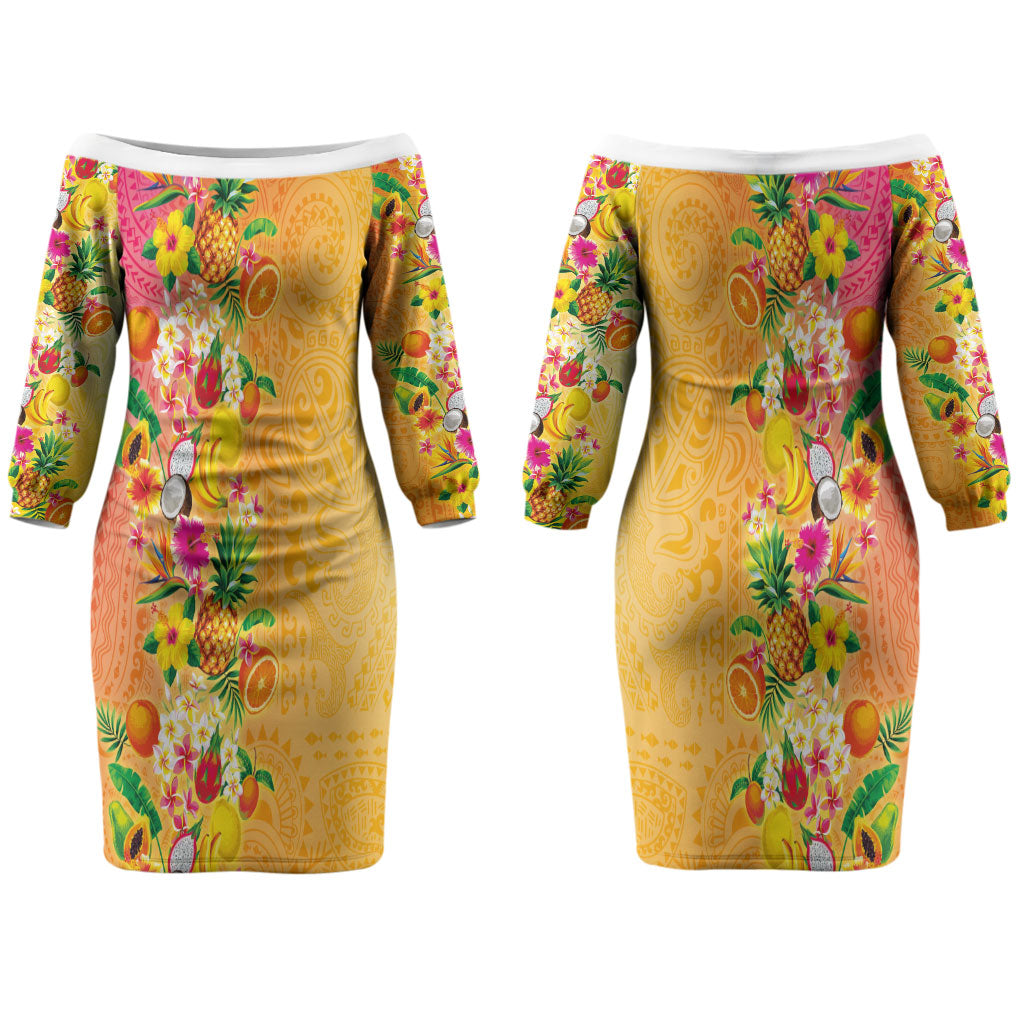 Hawaiian Tropical Fruits and Plants Couples Matching Off The Shoulder Long Sleeve Dress and Long Sleeve Button Shirt Kakau Pattern Summer Vibe LT03 - Polynesian Pride