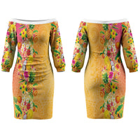 Hawaiian Tropical Fruits and Plants Couples Matching Off The Shoulder Long Sleeve Dress and Long Sleeve Button Shirt Kakau Pattern Summer Vibe LT03 - Polynesian Pride