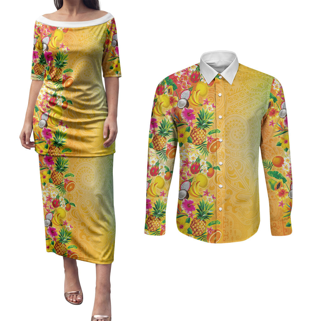 Hawaiian Tropical Fruits and Plants Couples Matching Puletasi and Long Sleeve Button Shirt Kakau Pattern Summer Vibe LT03 Multicolor - Polynesian Pride